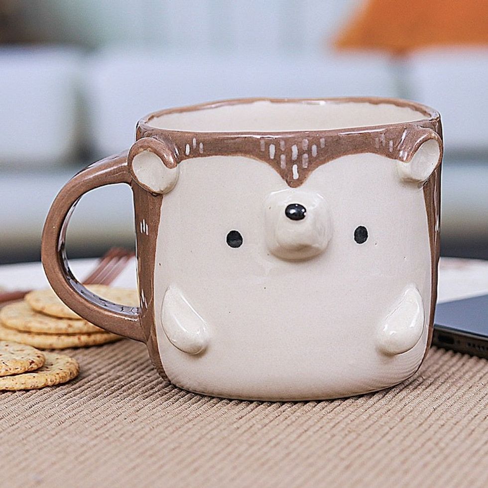 Thai Handcrafted 9 oz Glossy-Finished Ceramic Porcupine Mug 'Porcupine Morning'