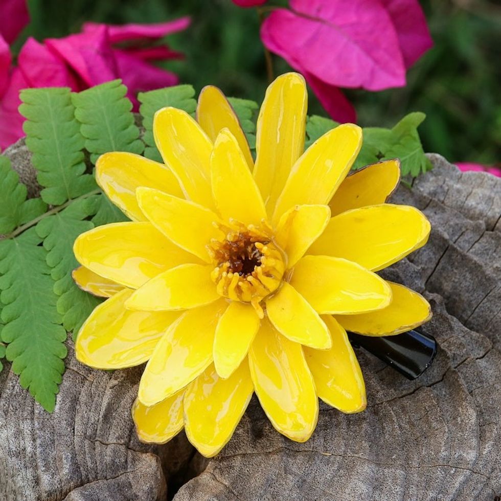 Handcrafted Natural Yellow Lotus Stainless Steel Hair Clip 'Harmonious Yellow'