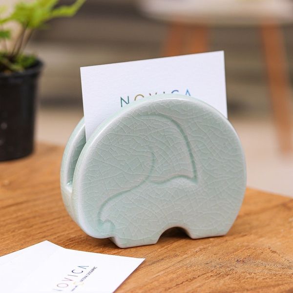 Alternate image for Crackled Light Green Celadon Ceramic Elephant Card Holder Homely Elephant