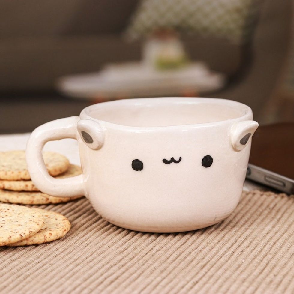 Thai Artisan-Made Animal-Themed Ceramic White Cat Demitasse 'White Cat Demitasse'