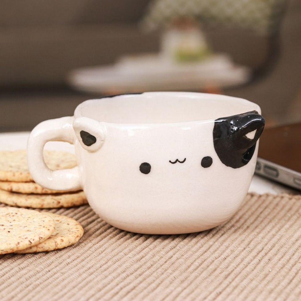 Hand-Painted Ceramic Tuxedo Cat Demitasse Made in Thailand 'Tuxedo Cat Demitasse'