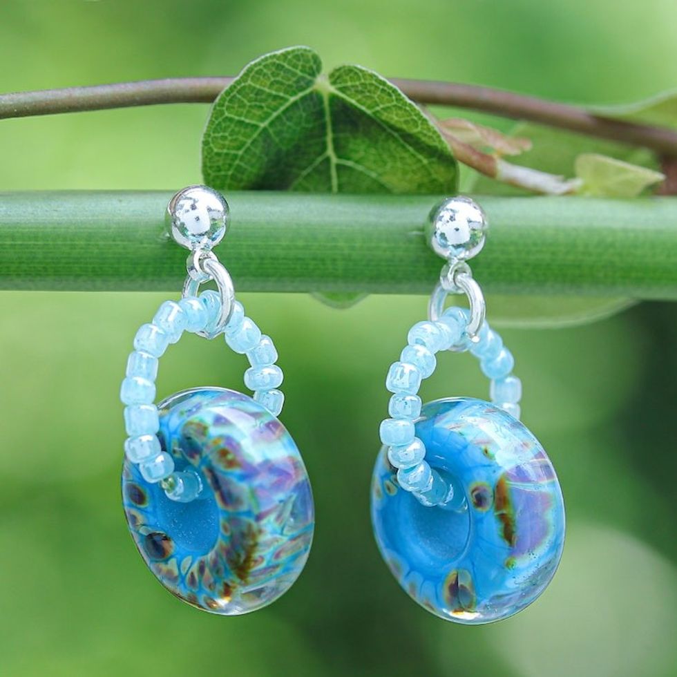 Square Blue and Brown Handblown Glass Beaded Dangle Earrings 'Dazzling Beauty'