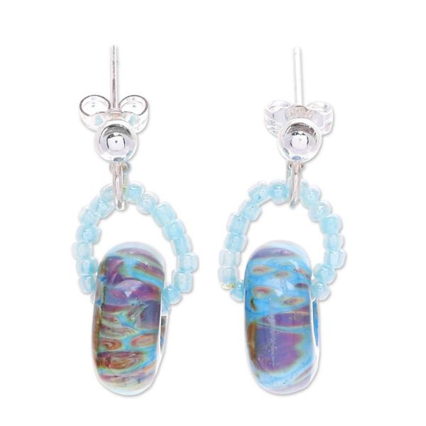 Alternate image for Square Blue and Brown Handblown Glass Beaded Dangle Earrings Dazzling Beauty
