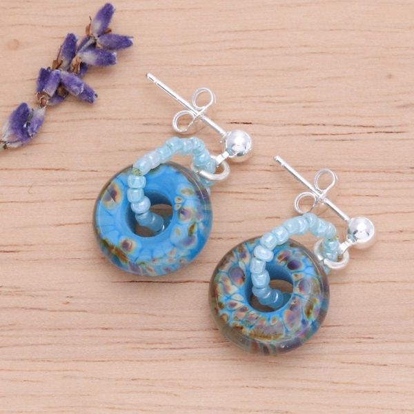 Alternate image for Square Blue and Brown Handblown Glass Beaded Dangle Earrings Dazzling Beauty