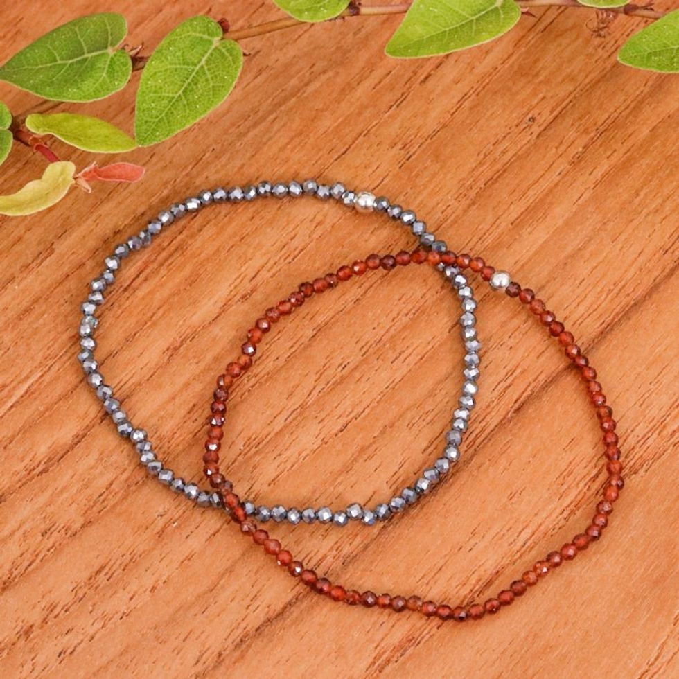 2 Beaded Stretch Bracelets with Chalcedony and Hematite Gems 'Double Flair'