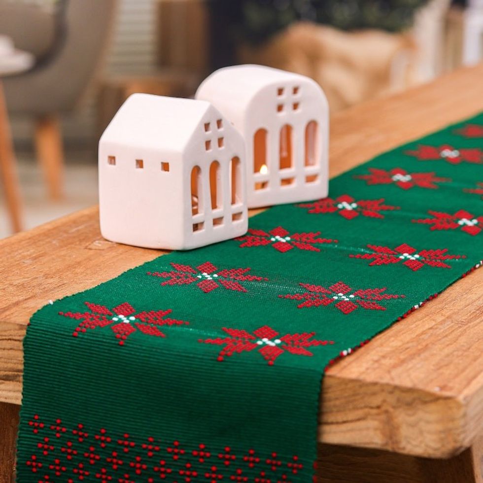 Green Cotton Table Runner with Tassels Handwoven in Thailand 'Blooms of Gala'