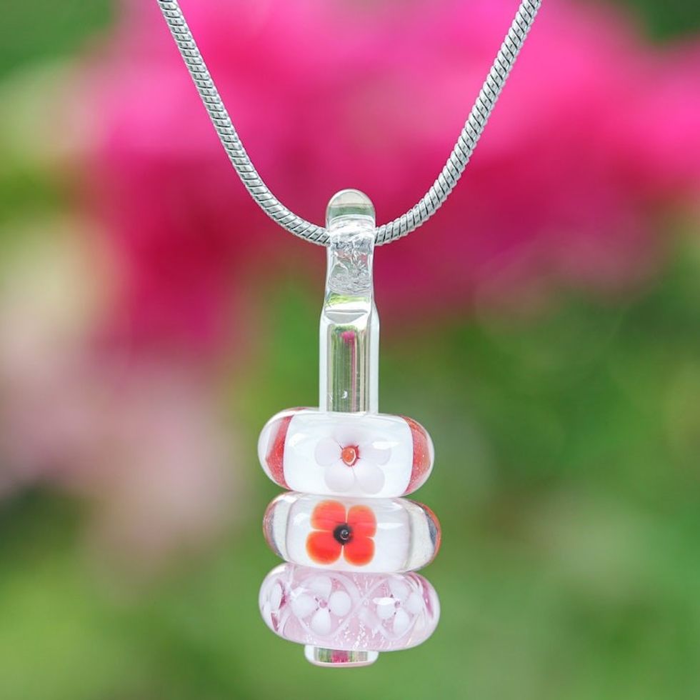 Floral Pink and Red Glass Beaded Pendant Necklace 'Sweet Amulets'
