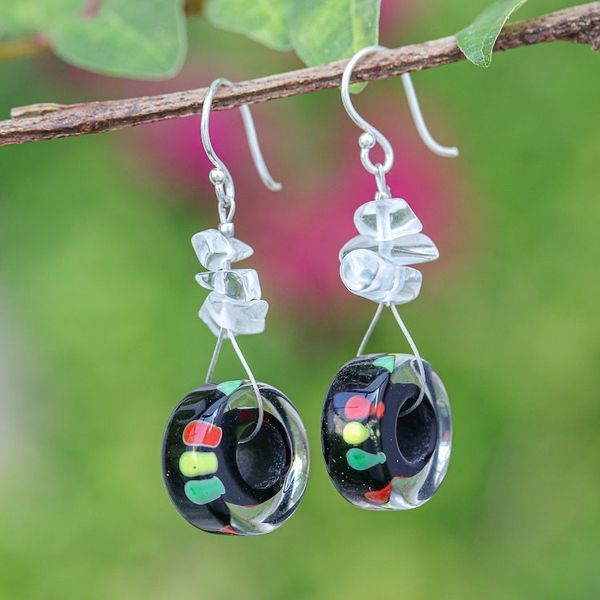 Alternate image for Vibrant Handblown Glass Dangle Earrings with Quartz Chips Bold Wheels