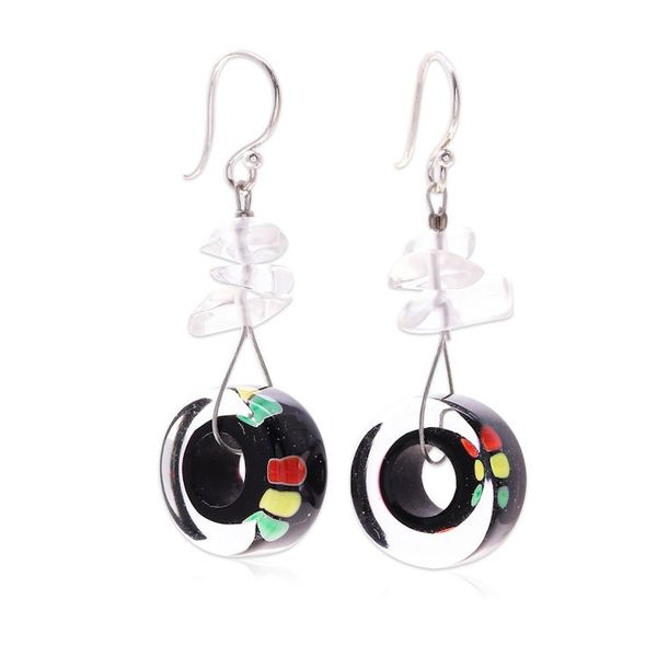 Alternate image for Vibrant Handblown Glass Dangle Earrings with Quartz Chips Bold Wheels