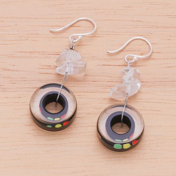 Alternate image for Vibrant Handblown Glass Dangle Earrings with Quartz Chips Bold Wheels
