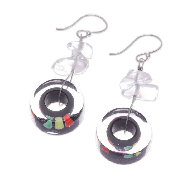 Alternate image for Vibrant Handblown Glass Dangle Earrings with Quartz Chips Bold Wheels