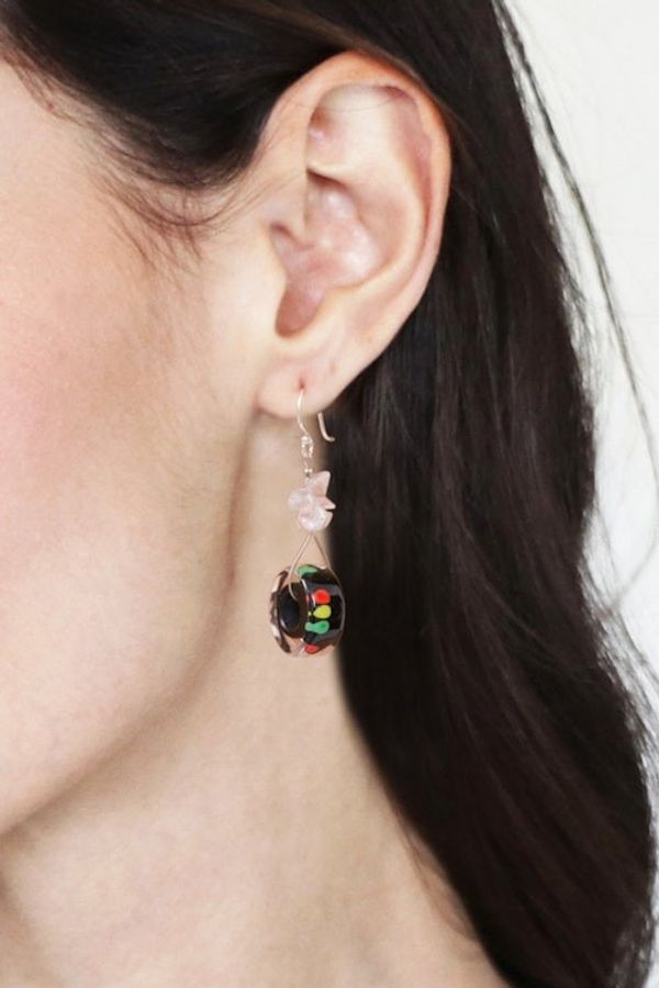 Alternate image for Vibrant Handblown Glass Dangle Earrings with Quartz Chips Bold Wheels