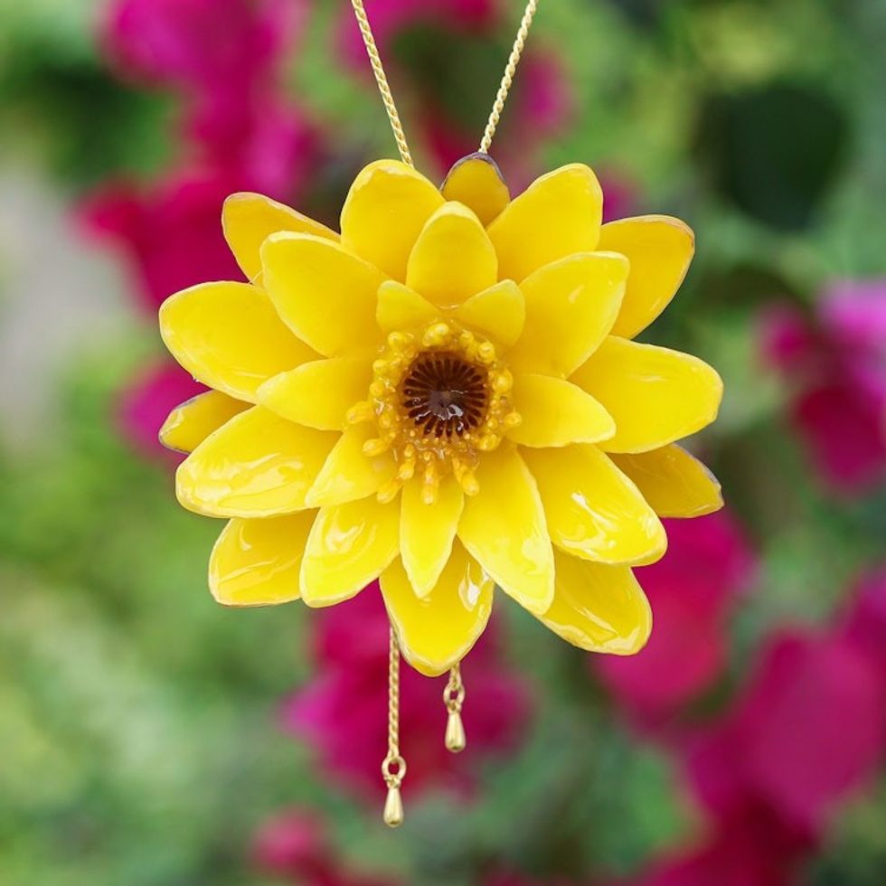 Fair Trade 22k Gold-Accented Yellow Lotus Lariat Necklace 'Harmonious Yellow'