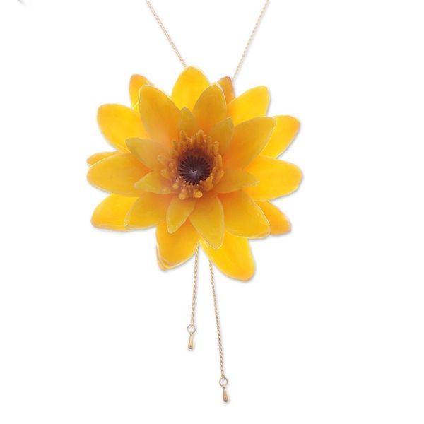 Alternate image for Fair Trade 22k Gold-Accented Yellow Lotus Lariat Necklace Harmonious Yellow