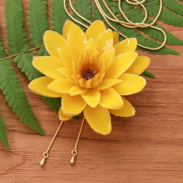 Alternate image for Fair Trade 22k Gold-Accented Yellow Lotus Lariat Necklace Harmonious Yellow