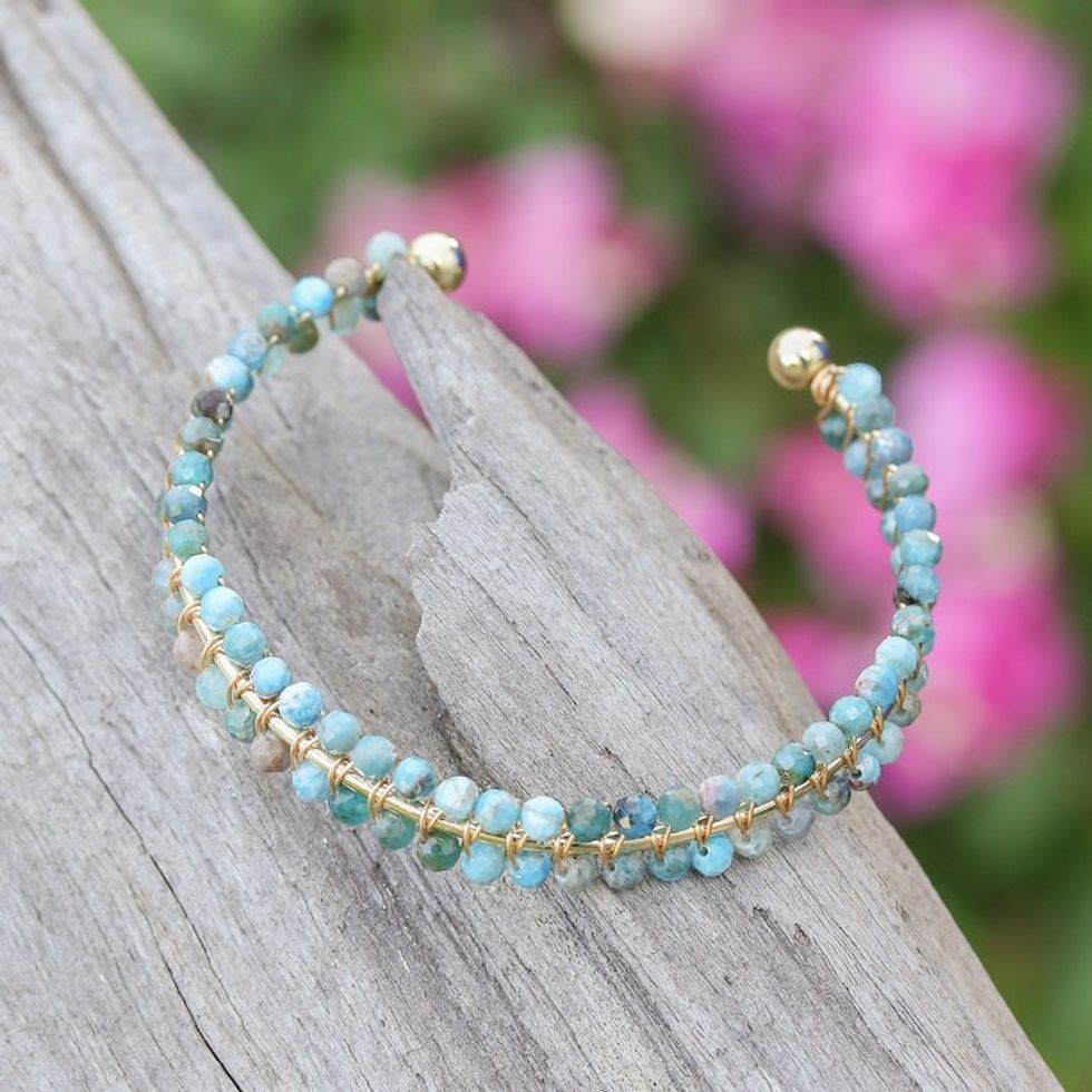 Blue Apatite Beaded Cuff Bracelet in a High Polish Finish 'Life of Sapience'