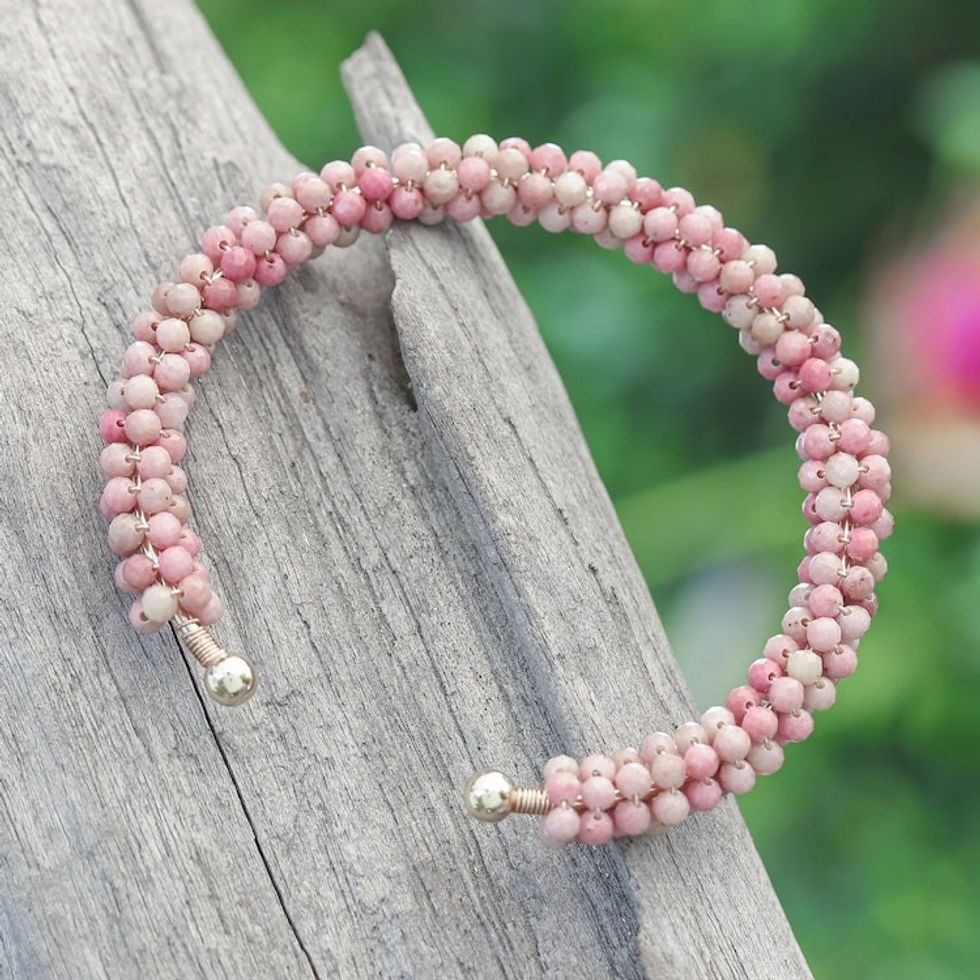 Rhodochrosite Brass and Copper Wire Beaded Cuff Bracelet 'Dainty Beauty'