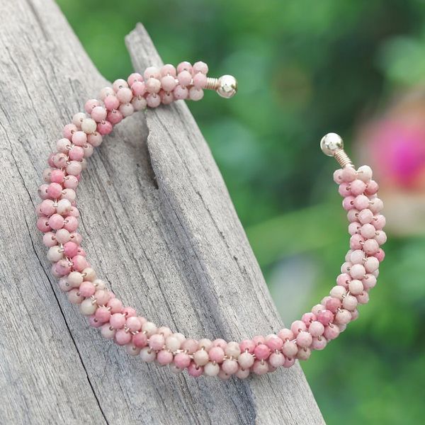 Alternate image for Rhodochrosite Brass and Copper Wire Beaded Cuff Bracelet Dainty Beauty