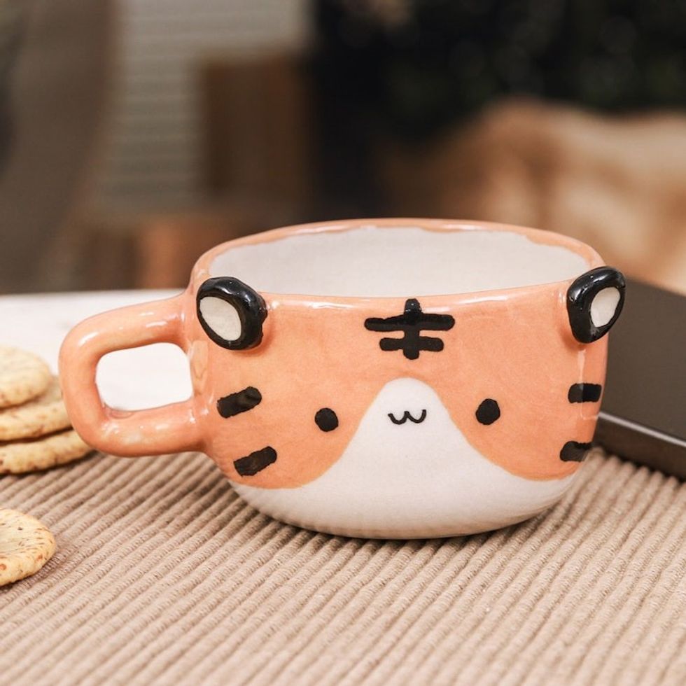 Thai Handcrafted Tiger-Themed Glossy Ceramic Espresso Cup 'Tiger Demitasse'