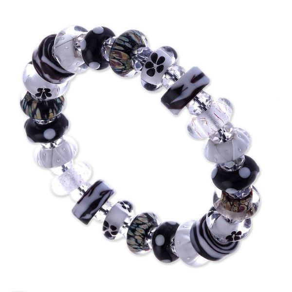 Alternate image for Black and White Blown Glass Crystal Beaded Stretch Bracelet Sublime Spell