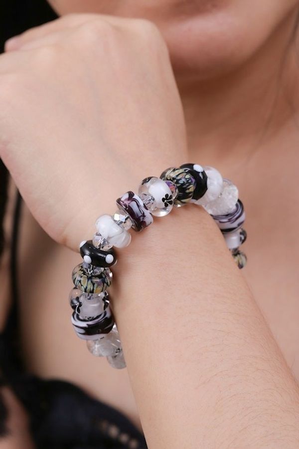 Alternate image for Black and White Blown Glass Crystal Beaded Stretch Bracelet Sublime Spell
