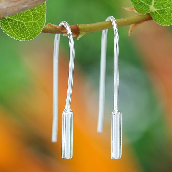 Alternate image for Modern Polished Cylindrical Sterling Silver Drop Earrings Shiny Cattails