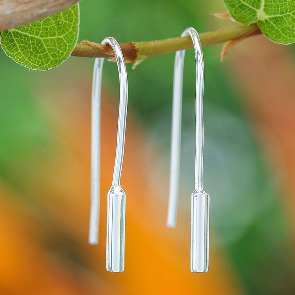 Modern Polished Cylindrical Sterling Silver Drop Earrings 'Shiny Cattails'