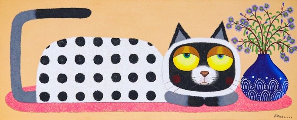 Thai-Made Whimsical Naif Acrylic Painting of a Sleepy Cat 'Bengal'