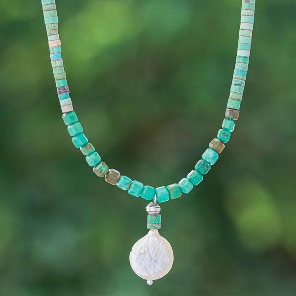 Alternate image for Reconstituted Turquoise Beaded Necklace with Pearl Pendant Aquatic Moon