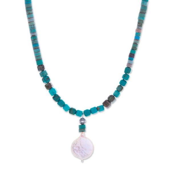 Alternate image for Reconstituted Turquoise Beaded Necklace with Pearl Pendant Aquatic Moon