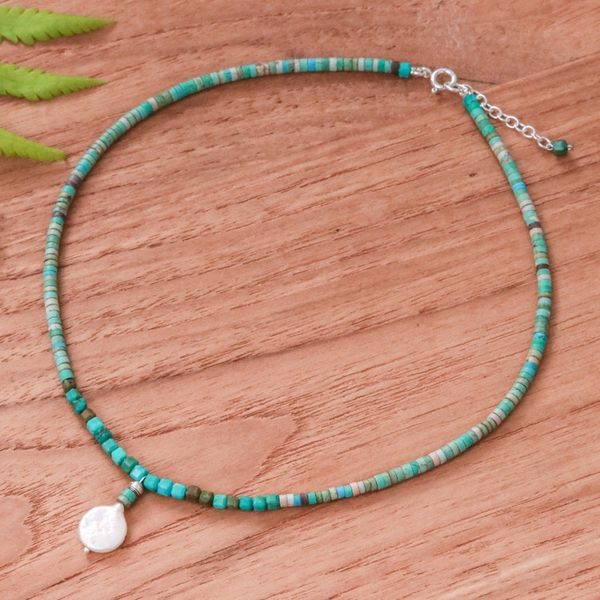 Alternate image for Reconstituted Turquoise Beaded Necklace with Pearl Pendant Aquatic Moon