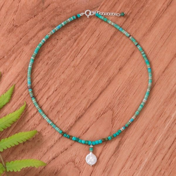 Alternate image for Reconstituted Turquoise Beaded Necklace with Pearl Pendant Aquatic Moon