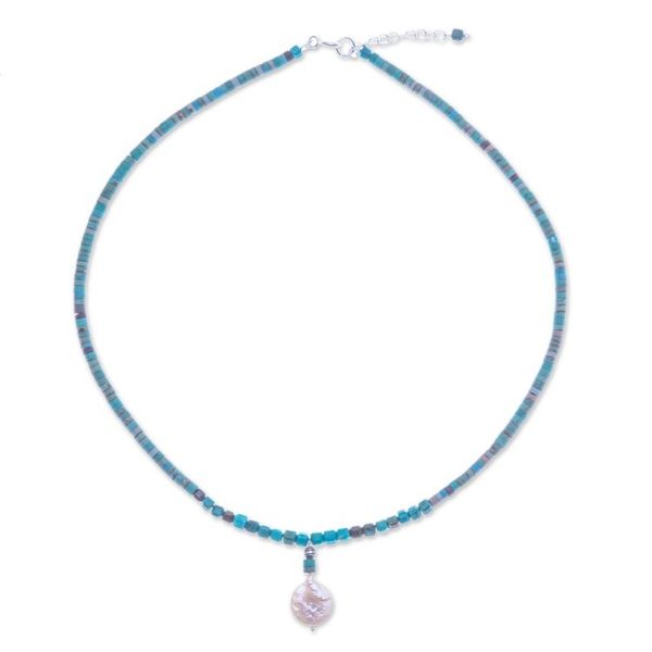 Alternate image for Reconstituted Turquoise Beaded Necklace with Pearl Pendant Aquatic Moon