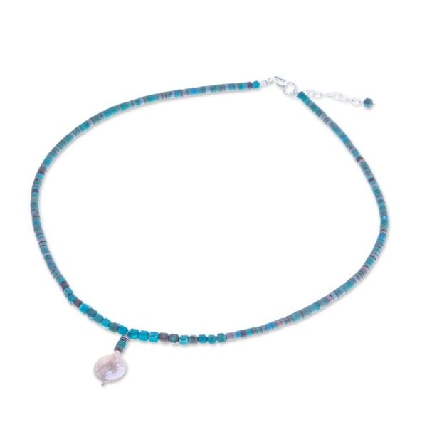 Alternate image for Reconstituted Turquoise Beaded Necklace with Pearl Pendant Aquatic Moon
