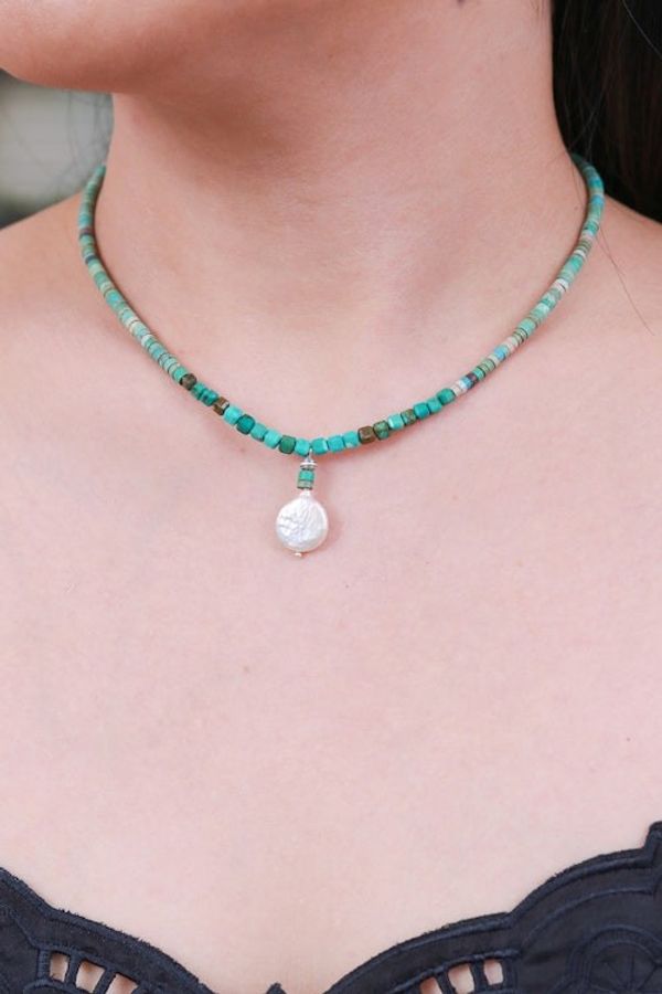 Alternate image for Reconstituted Turquoise Beaded Necklace with Pearl Pendant Aquatic Moon