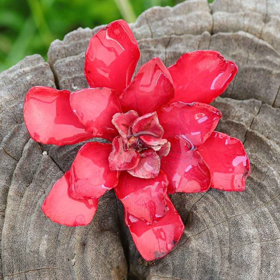 Red Gardenia Flower Brooch Pin with Handmade Resin Coat 'Seductive Gardenia'