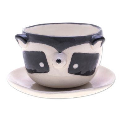 Alternate image for Raccoon-Themed Ceramic Mini Flower Pot and Saucer Small Raccoon Spring