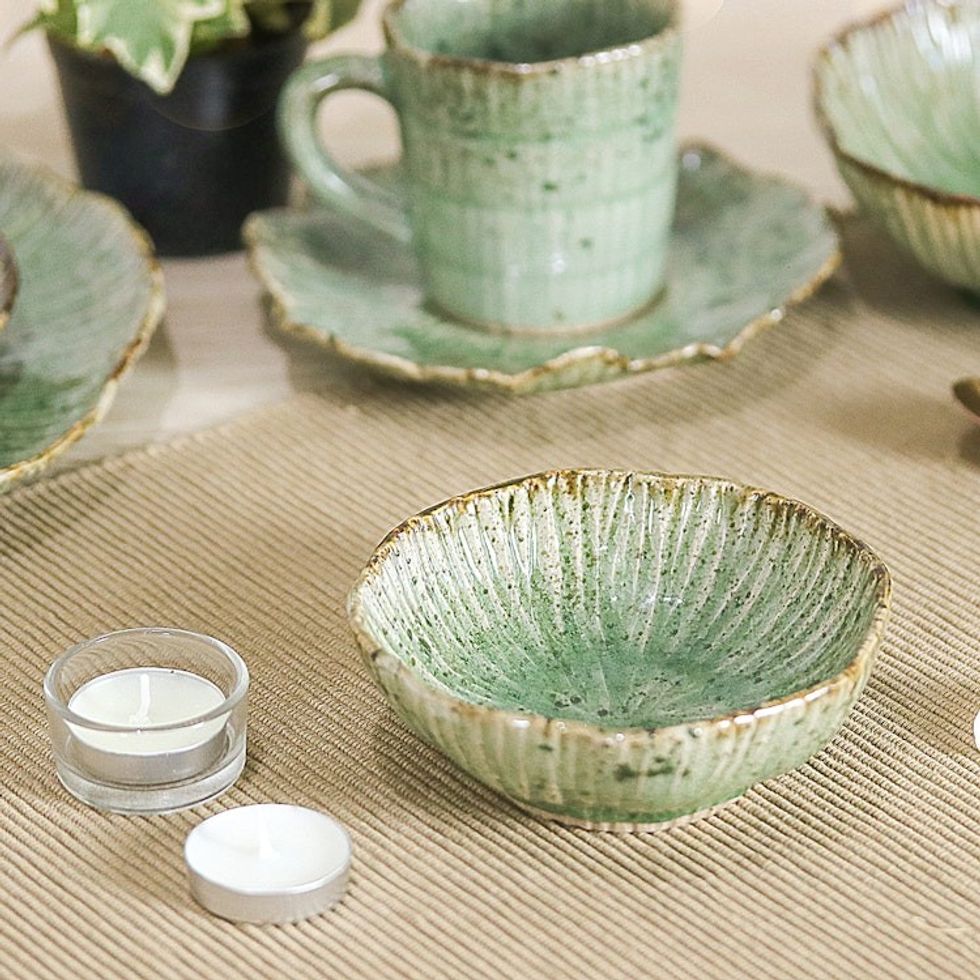 Lotus-Inspired Speckled Green Celadon Ceramic Dessert Bowl 'Lotus Table'