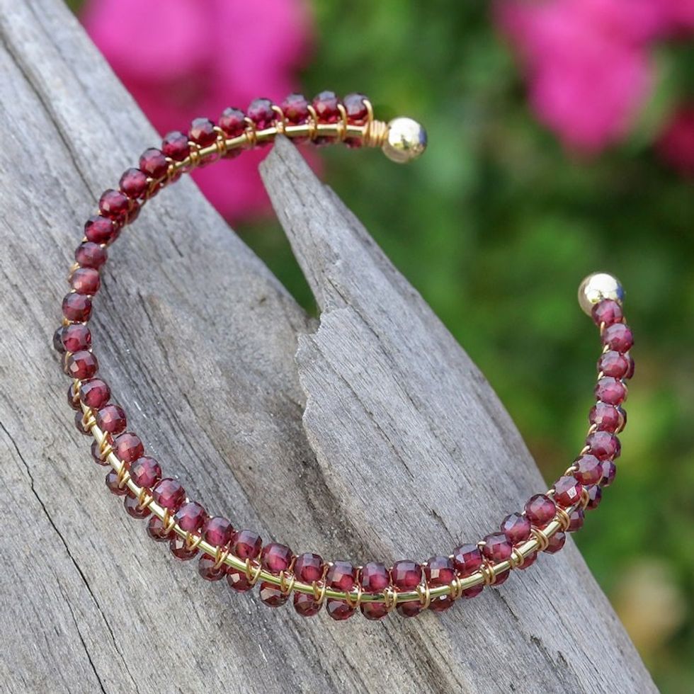 Garnet Beaded Polished 14k Gold-Accented Cuff Bracelet 'Red Lively Colors'