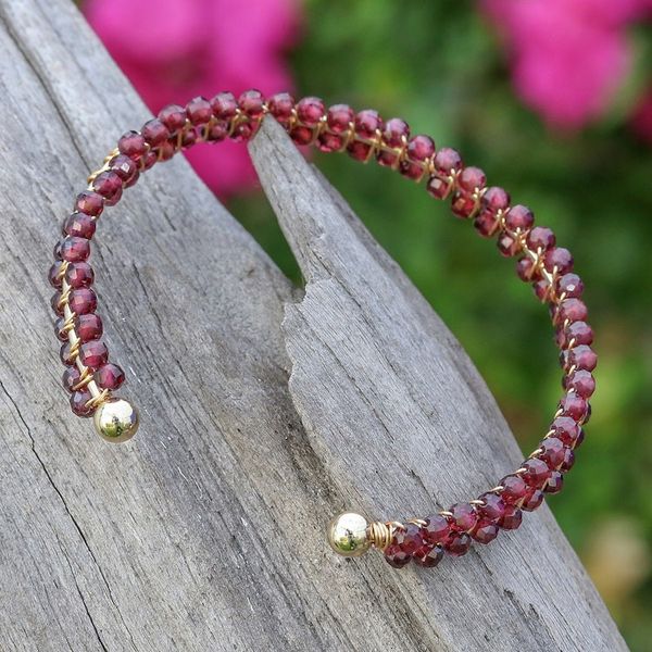 Alternate image for Garnet Beaded Polished 14k Gold-Accented Cuff Bracelet Red Lively Colors