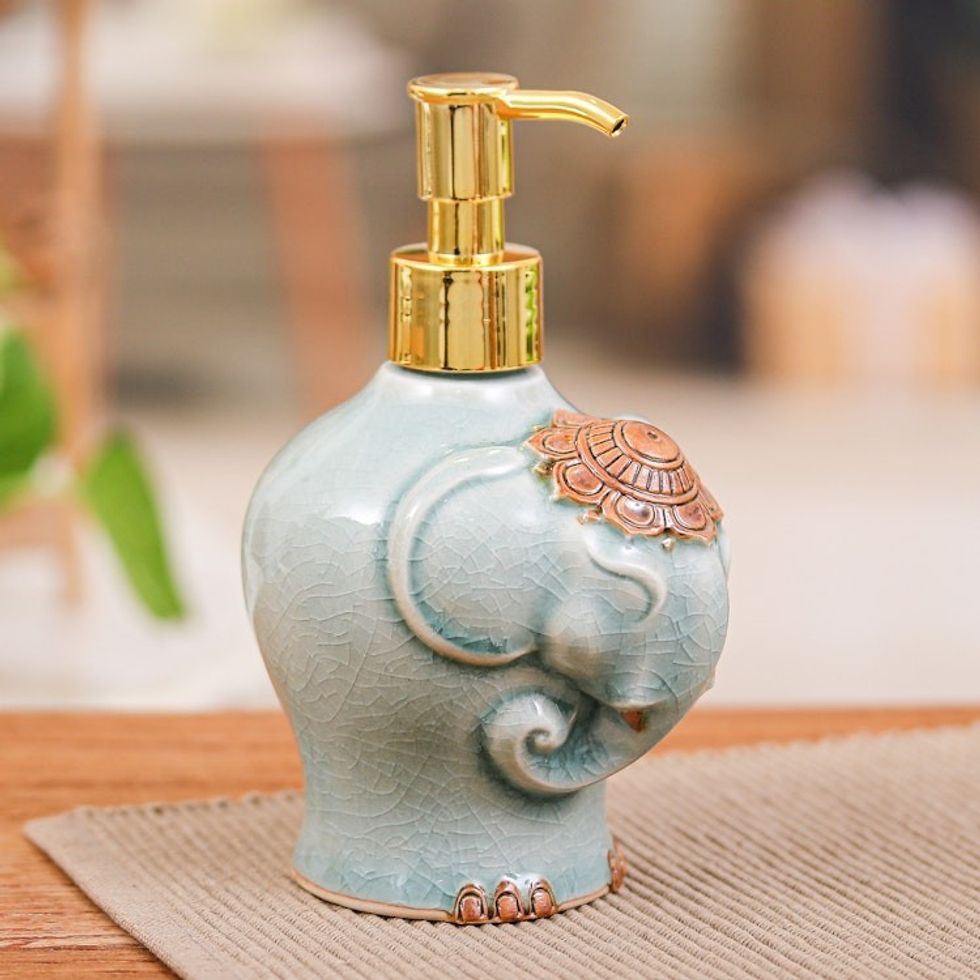 Crackled Celadon Ceramic Elephant Soap Dispenser in Green 'Misty Elephant'