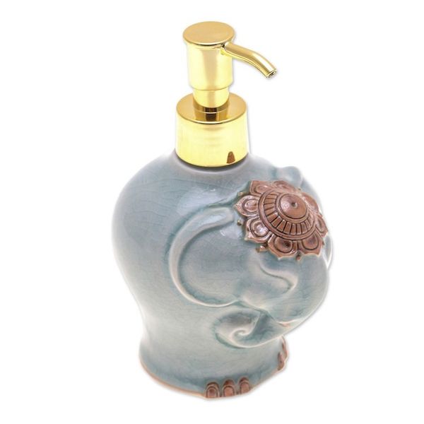 Alternate image for Crackled Celadon Ceramic Elephant Soap Dispenser in Green Misty Elephant
