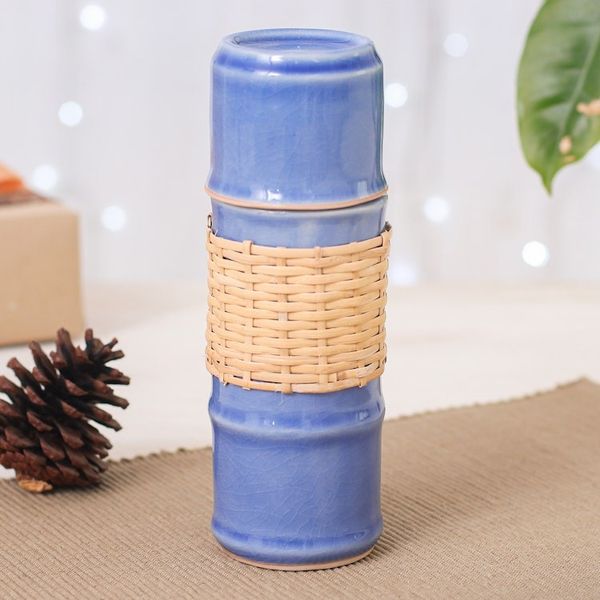 Alternate image for Blue Celadon Ceramic and Rattan Bamboo-Themed Water Bottle Blue Bamboo