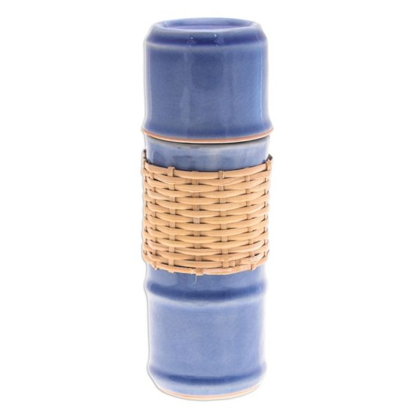 Alternate image for Blue Celadon Ceramic and Rattan Bamboo-Themed Water Bottle Blue Bamboo