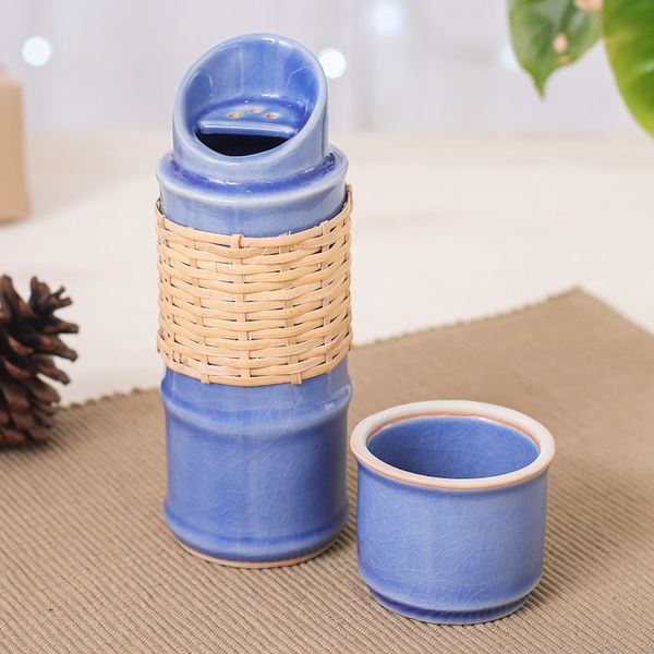Alternate image for Blue Celadon Ceramic and Rattan Bamboo-Themed Water Bottle Blue Bamboo
