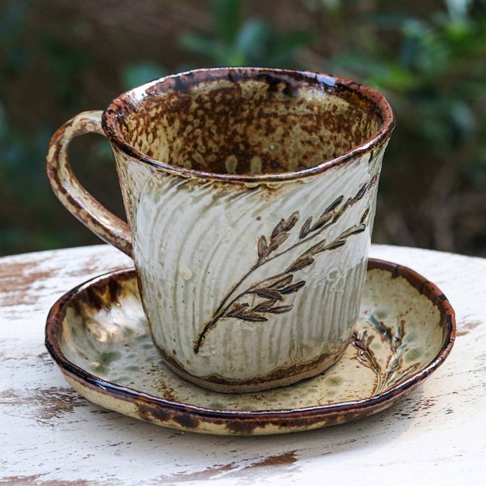 Handcrafted Leafy Brown Ceramic Cup and Saucer from Thailand 'Leafy Warmth'