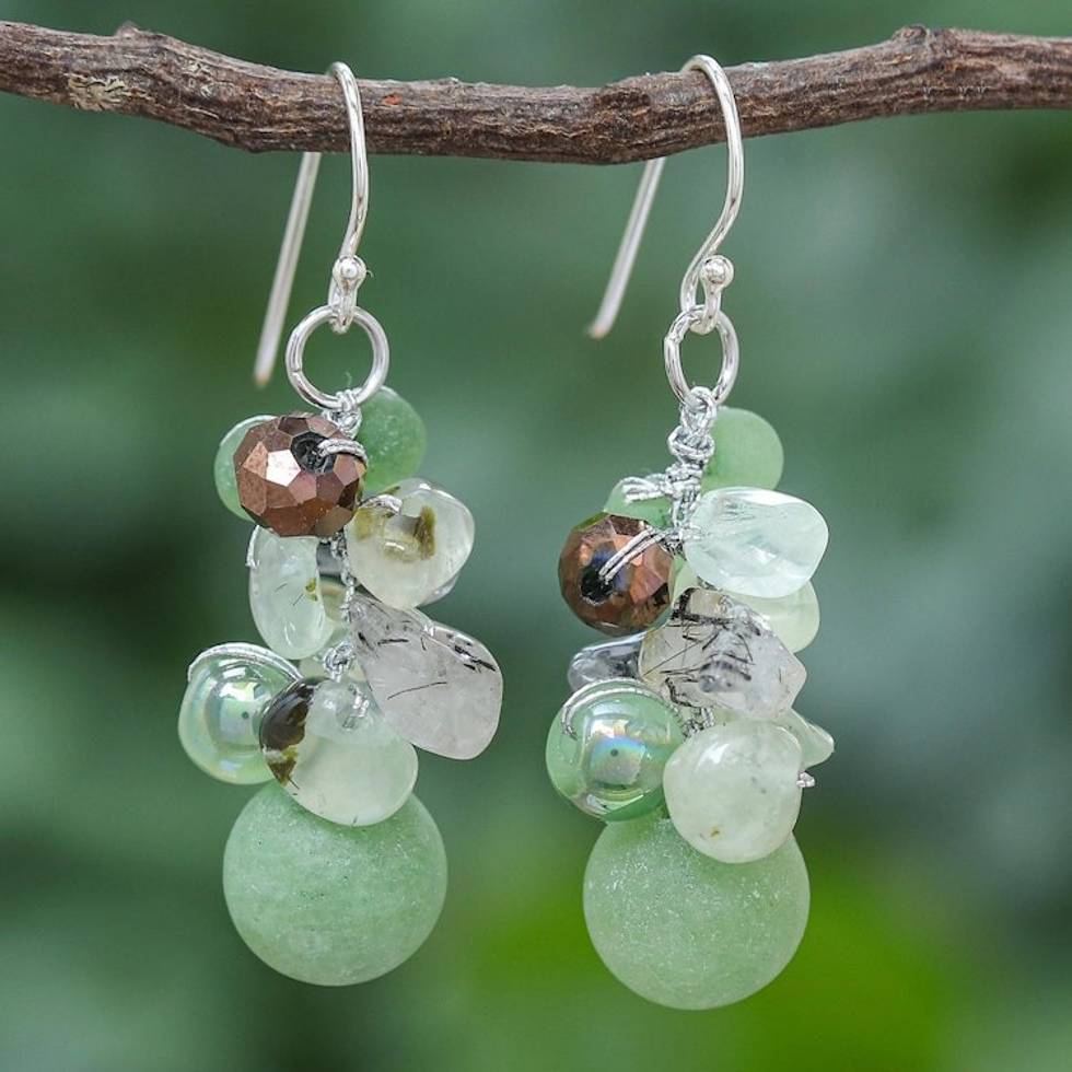 Handcrafted Prehnite and Glass Bead Dangle Earrings 'Rainstorm'