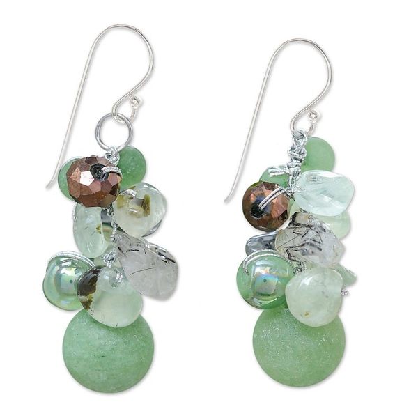 Alternate image for Handcrafted Prehnite and Glass Bead Dangle Earrings Rainstorm