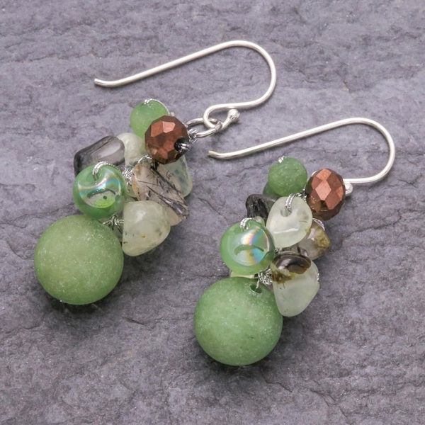 Alternate image for Handcrafted Prehnite and Glass Bead Dangle Earrings Rainstorm