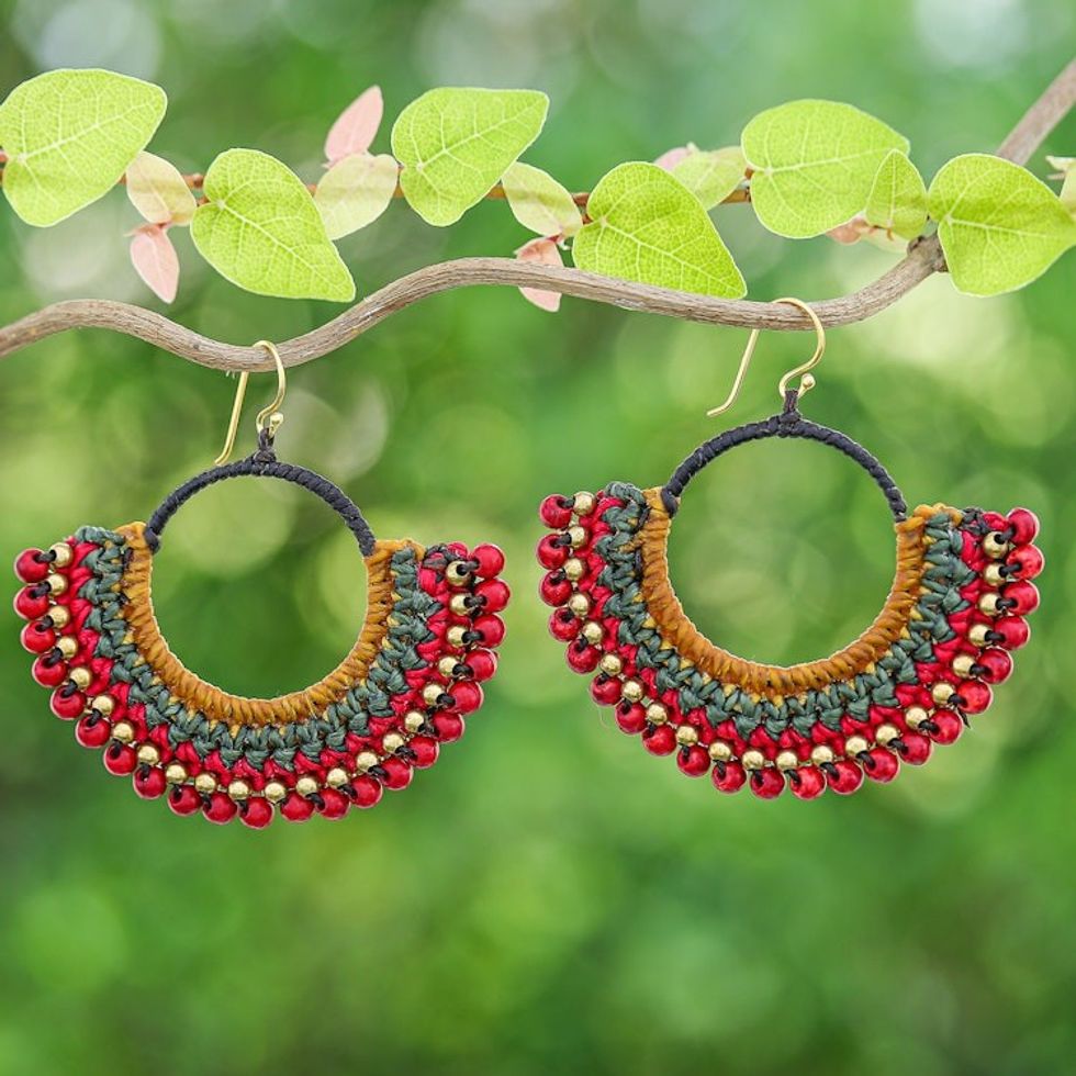 Brown Macrame Dangle Earrings with Red Magnesite Beads 'Alluring Nimbus'